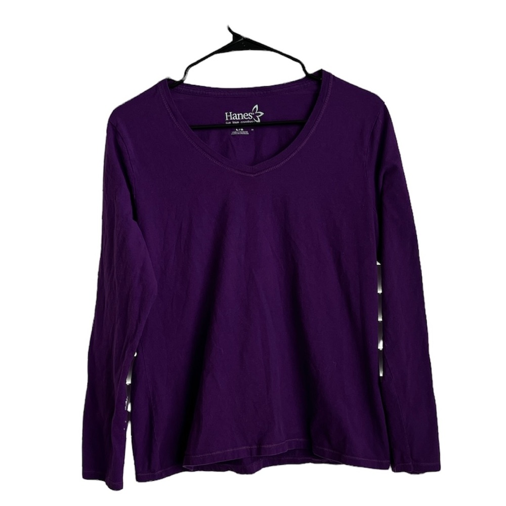 Large Purple T-Shirt Long Sleeve Hanes V-Neck
